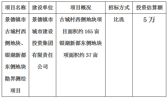 景德鎮(zhèn)市古城村西側地塊、銀湖新都東側地塊勘界測繪項目計劃公告