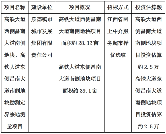景德鎮(zhèn)市高鐵大道西側(cè)昌南大道南側(cè)地塊、高鐵大道東側(cè)昌南大道南側(cè)地塊勘測(cè)定界宗地測(cè)量項(xiàng)目計(jì)劃公告