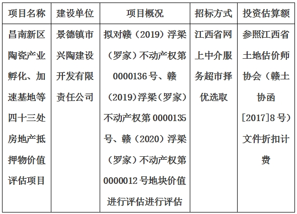 昌南新區(qū)陶瓷產(chǎn)業(yè)孵化、加速基地等四十三處房地產(chǎn)抵押物價值評估單位選取計劃公告