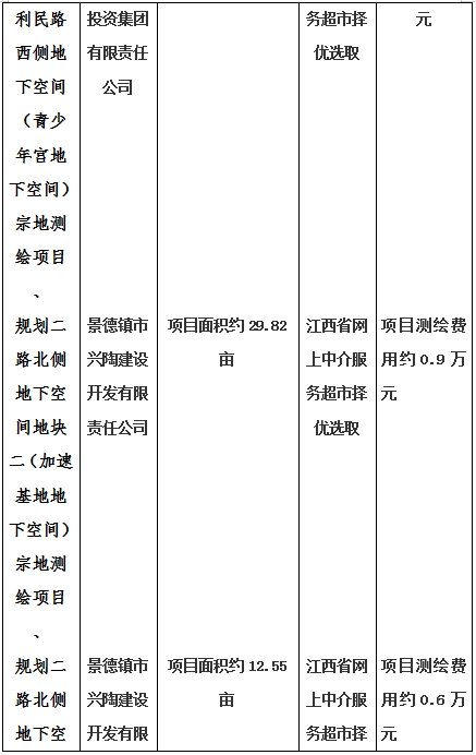 景德鎮(zhèn)市昌南新區(qū)LJ1-03-A01-1地塊、瓷都大道東側(cè)中渡口地下空間（格蘭云天大酒店地下空間）、光明大道北側(cè)利民路西側(cè)地下空間（青少年宮地下空間）、規(guī)劃二路北側(cè)地下空間地塊二（加速基地地下空間）、規(guī)劃二路北側(cè)地下空間地塊一（加速基地地下空間）、景德大道南側(cè)天寶橋西側(cè)地塊、景興大道東側(cè)如意路北側(cè)地下空間(社會公共服務