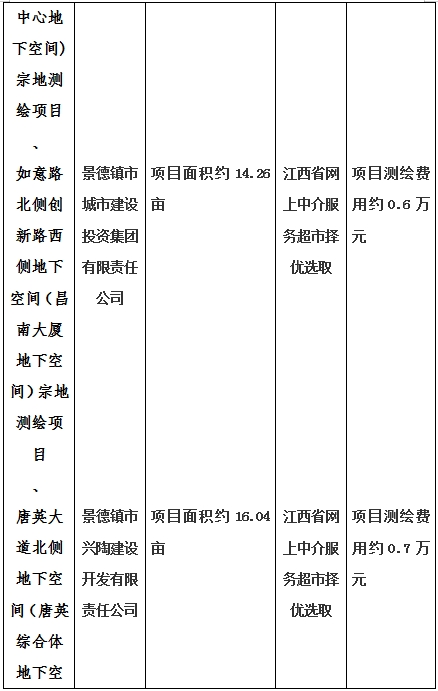 景德鎮(zhèn)市昌南新區(qū)LJ1-03-A01-1地塊、瓷都大道東側(cè)中渡口地下空間（格蘭云天大酒店地下空間）、光明大道北側(cè)利民路西側(cè)地下空間（青少年宮地下空間）、規(guī)劃二路北側(cè)地下空間地塊二（加速基地地下空間）、規(guī)劃二路北側(cè)地下空間地塊一（加速基地地下空間）、景德大道南側(cè)天寶橋西側(cè)地塊、景興大道東側(cè)如意路北側(cè)地下空間(社會公共服務