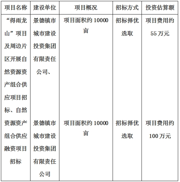 景德鎮(zhèn)市“得雨龍山”項目及周邊片區(qū)開展自然資源資產(chǎn)組合供應項目、自然資源資產(chǎn)組合供應融資項目招標計劃公告